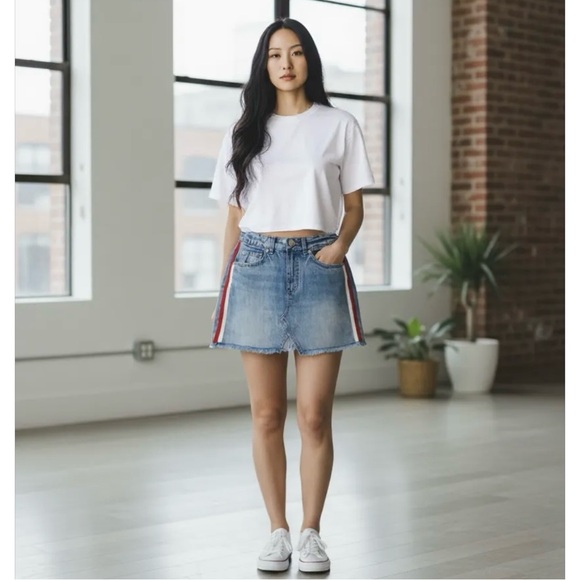 Garage Jean Skirt Frayed Hem Side Stripes - Picture 2 of 15